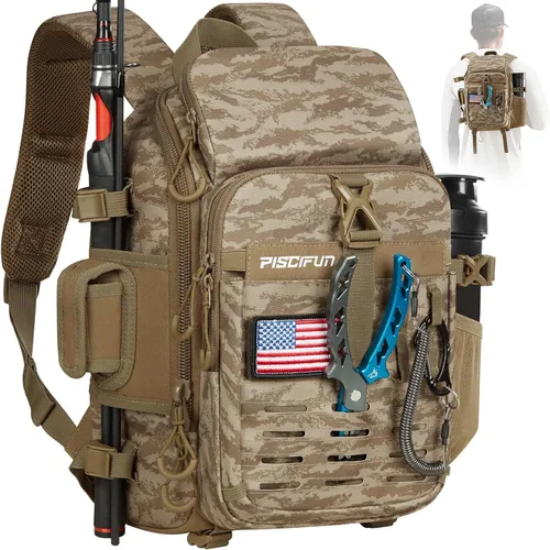 Miniatura 10 de Piscifun - Mochila para equipo de pesca con soporte para caña y equipo, bolsa de almacenamiento para equipo de pesca ligera con cubierta protectora