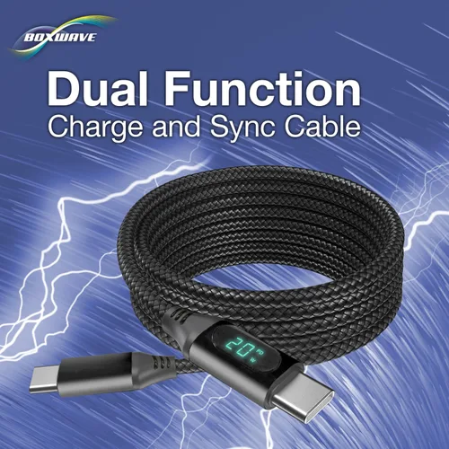 Miniatura 9 de BoxWave Cable Compatible with Lava Z4 - PowerDisplay PD Cable (6ft) - USB-C to USB-C (100W), LED Wattage Info Extra Long Braided Nylon - Jet Black