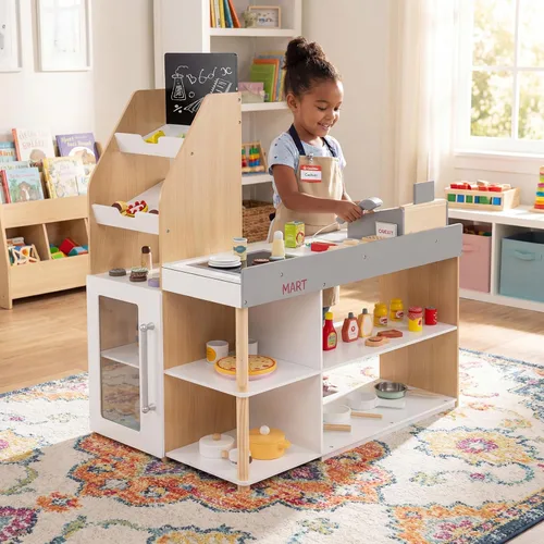 Miniatura 9 de HONEY JOY Juego de Tienda de Comestibles para Niños, Tienda de Comestibles de Madera de Juego de Simulación con Carrito, Soporte de Caja