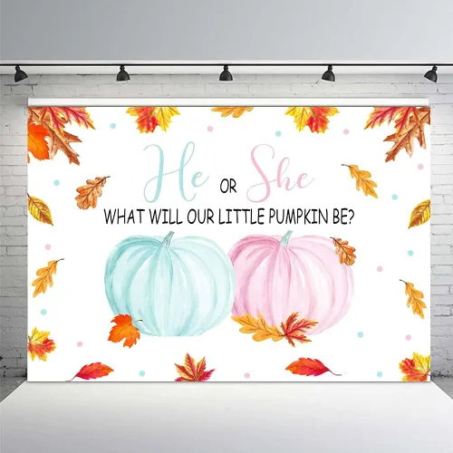 Miniatura 8 de MEHOFOND Fondo de otoño de 7 x 5 pies, diseño de calabaza pequeña para baby shower, decoración de fiesta con texto en inglés "He or she What Will