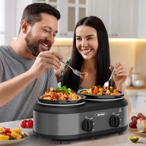 Miniatura 4 de Sunvivi Olla de cocción lenta doble, servidores de buffet y calentador con 2 ollas de cerámica extraíbles, calentador de alimentos de cocción lenta