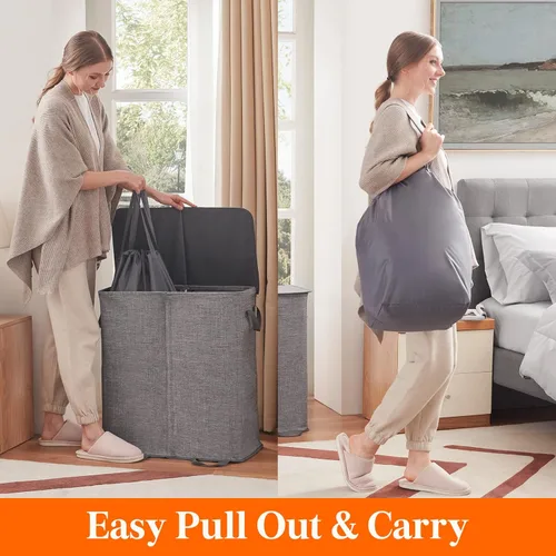 Miniatura 4 de Lifewit Cesta doble para la ropa sucia con tapa y bolsas de lavandería extraíbles, gran plegable, 2 divisores, cesta de ropa sucia con asas para Gris