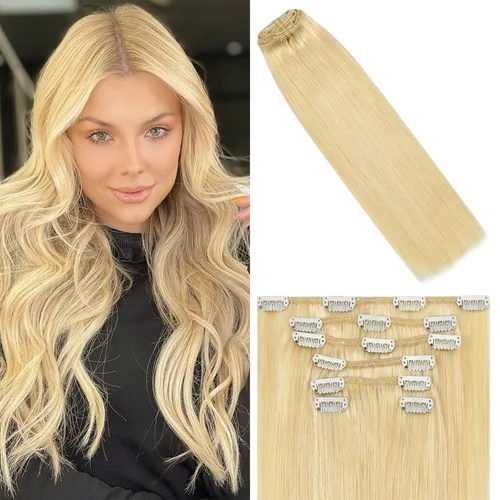 Miniatura 27 de WindTouch - Extensiones de cabello humano Remy con pinzas, color rubio decolorado combinado con balayage, para cabello rubio, 2.47 onzas, N.°