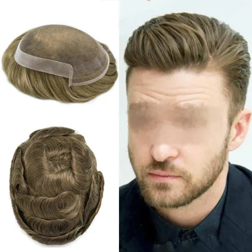 Miniatura 38 de Toupee Hair System For Men Real Human Hair Swiss Lace Mens Toupee Men Hair Replacement System Natural Hairline Mens Hairpieces 6X8"-80% light