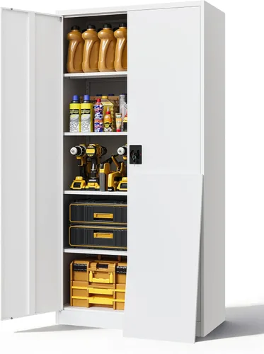 Miniatura 39 de Armario de almacenamiento de metal, archivador alto con 2 estantes ajustables y cajón, gabinete de herramientas de acero con cerradura para oficina