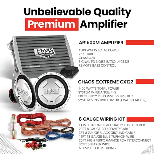 Miniatura 4 de 2 BOSS Audio Chaos CX122 Subwoofer de potencia para automóvil de 12 pulgadas y 1400 vatios y AR1500M Armor Series Kit de instalación de amplificador
