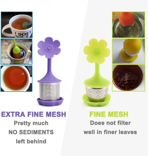 Miniatura 5 de Paquete de 2 filtros de silicona para té más empinados, infusores, filtros de malla fina para hojas de té, flores; morado o verde
