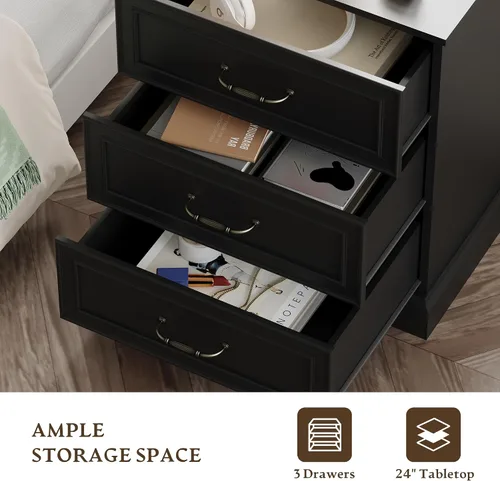 Miniatura 4 de Cómoda rústica de 3 cajones para dormitorio, cómoda moderna de 24 pulgadas de ancho con cajones profundos y asas de barra, mesita de noche de madera