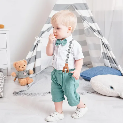 Miniatura 4 de Conjunto de traje de caballero de manga corta para bebé niño con corbatín + pantalones cortos con tirantes y pantalones cortos para bautizo festivo