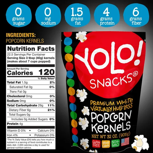 Miniatura 2 de YOLO! Granos de Palomitas de Maíz Gourmet Virtualmente Sin Cáscara, Maíz para Palomitas Mariposa Blanco Premium, Sin OGM, Sin Gluten, Vegano, Bolsa