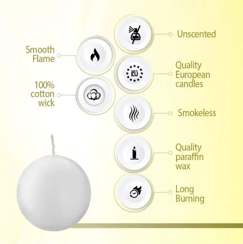 Miniatura 3 de Bolsius Juego de 10 velas de bola blanca sin perfume de 2.75 pulgadas, calidad europea premium, sin goteo y sin humo, ideal para bodas, fiestas