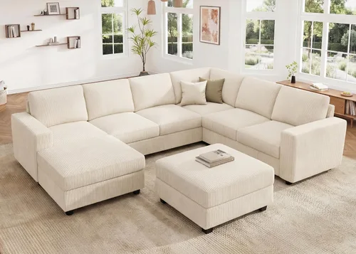 Miniatura 14 de HONBAY Sofá modular de pana con almacenamiento en forma de L para sala de estar, sofá seccional de 6 plazas, color beige