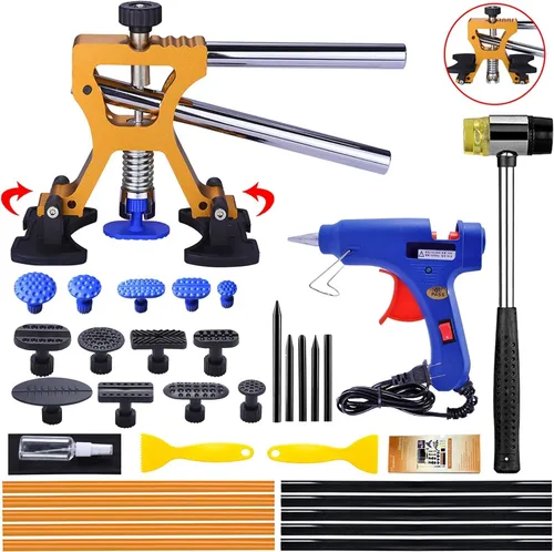Manelord Kit de reparación de abolladuras de carrocería, extractor de abolladuras de automóvil con extractor de abolladuras doradas para eliminación