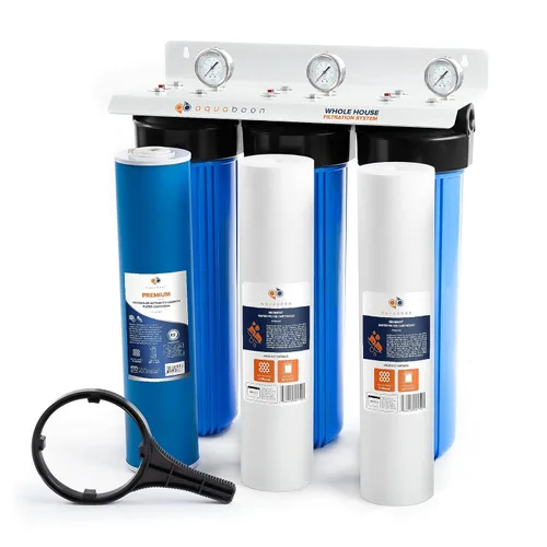 Aquaboon Sistema de filtro de agua de 3 etapas con 20 x 4.5 GAC y filtros de sedimentos para sistema de filtración de agua para toda la casa con