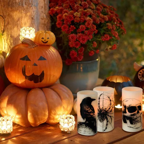 Miniatura 6 de Wondise Velas parpadeantes sin llama de Halloween con temporizador de 6 horas, velas LED de cera real que funcionan con pilas, juego de 3 velas