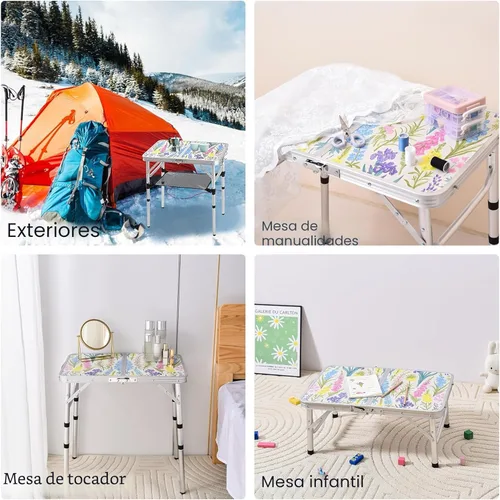 Miniatura 6 de Yriuat Mesa de camping plegable 2 pies de altura ajustable portátil pequeña mesa de cartas de aluminio plegable ligera con asa de transporte