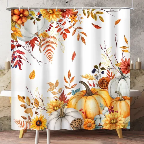 Lokigo Cortina de ducha de calabaza de otoño, cortina de ducha de cosecha de Acción de Gracias de otoño, acuarela floral, calabaza boho,
