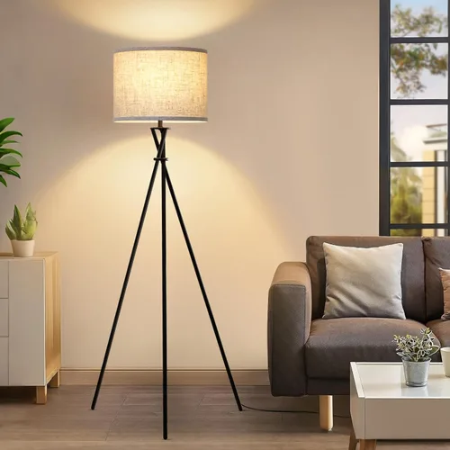 Miniatura 9 de Lámpara de pie para sala de estar, 61 pulgadas, moderna lámpara de pie trípode con pantalla blanca e interruptor giratorio, lámpara de pie negra