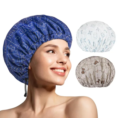Miniatura 10 de 1 pieza de gorro de ducha, gorro de baño de doble capa y ajustable para la ducha, gorro de pelo extragrande reutilizable para mujer, exterior