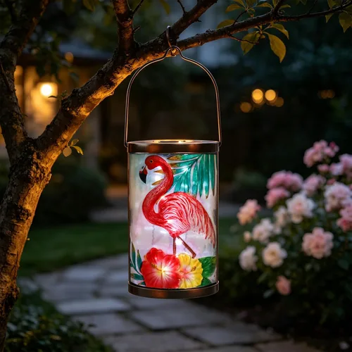 Miniatura 21 de Farol solar para exteriores, impermeable, colgante, luces solares de cristal de pájaro azul, faroles decorativos para exteriores, patio, césped