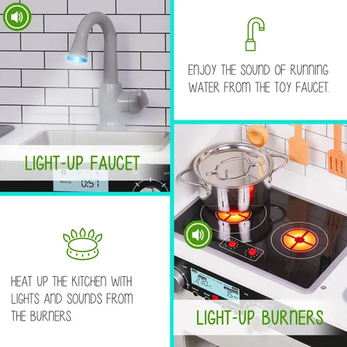 Miniatura 5 de Lil' Jumbl Juego de cocina para niños, cocina de madera de simulación, máquina de hielo a pilas, microondas, campana extractora, estufa, horno