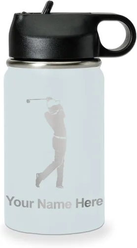 Miniatura 65 de LaserGram Botella de agua personalizada, golfista de golf, acero inoxidable de doble pared aislada al vacío con popote superior, regalo grabado Negro