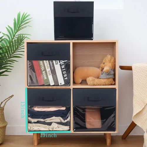 Miniatura 5 de Paquete de 4 cubos de almacenamiento con ventana transparente, cajas grandes con asas, organizador de armario de tela, 13 x 13 x 13 pulgadas