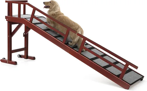 Miniatura 11 de Rampa para perros para cama o sofá, rampa de madera para mascotas con pendiente suave de 20°, rieles laterales extraíbles, superficie
