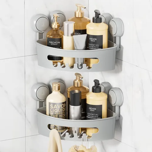 Miniatura 12 de LEVERLOC Organizador esquinero para ducha con ventosa, cesta de ducha potente con ventosa, organizador impermeable y resistente al óxido