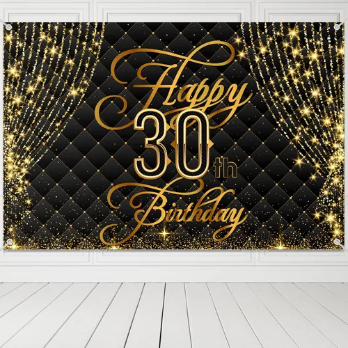 Miniatura 5 de Cartel de feliz cumpleaños 30 años, decoración de cortina real, fondo negro y dorado, cumpleaños de 30 años para mujeres y hombres, suministros