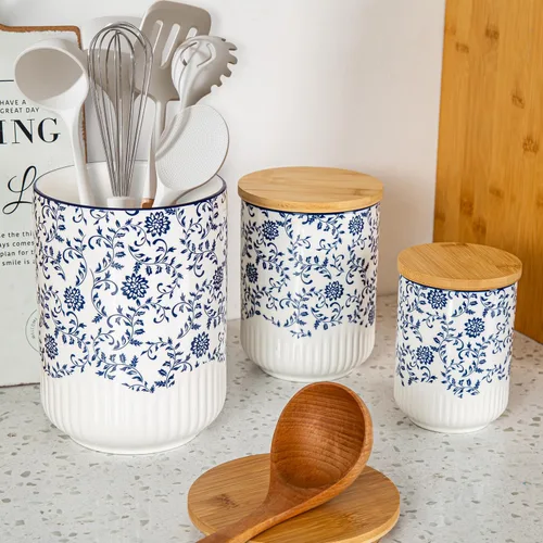Miniatura 7 de Juego de recipientes para cocina - Recipientes de cerámica para encimera con tapas herméticas de madera - Recipientes para harina y azúcar