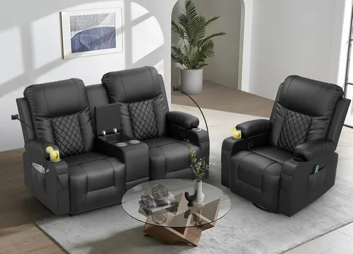 Miniatura 15 de YONISEE Sofá reclinable grande de dos plazas, sofá reclinable con consola de almacenamiento, silla reclinable con puertos USB, 2 soportes
