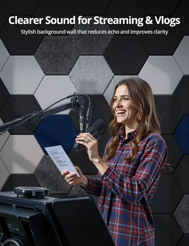 Miniatura 6 de Paneles Acústicos Hexagonales Autoadhesivos para Pared, Paquete de 12 Baldosas Absorbentes de Sonido para Paredes y Puertas, Panel Interior Negro