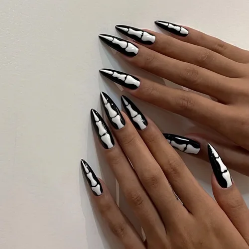 Uñas postizas a presión para Halloween, con forma de hueso gótico, de terror, de cobertura completa, color blanco y negro, acrílico, para fiestas,