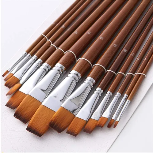Pinceles para acuarela, pelo de nailon, 13 piezas, cabeza plana, mango largo, juego de pinceles de pintura acrílica para lienzo/pintura al óleo,