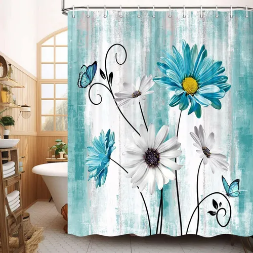 Miniatura 38 de JAWO Cortina de ducha con diseño floral de margaritas azules, cortina de ducha rústica de granja y mariposa en el campo, juego de cortinas de ducha