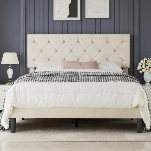 Miniatura 22 de VECELO Base de cama de tamaño individual, plataforma tapizada con cabecera ajustable de diamante, soporte de listones de madera, no necesita somier
