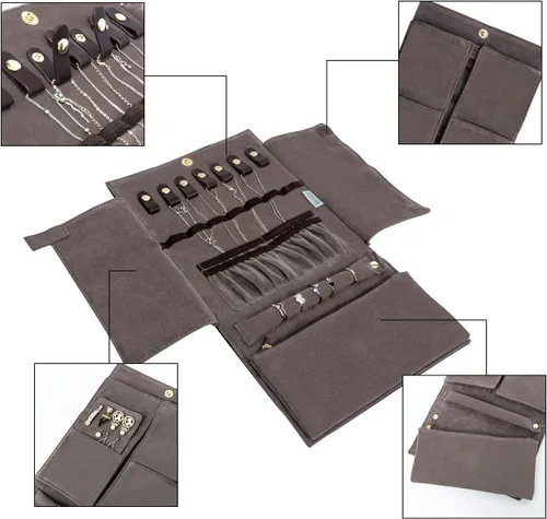 Miniatura 4 de Becko - Organizador de joyas para múltiples collares anillos pulseras de piel flexible y gamuza gran capacidad sin arrugas ligero portátil