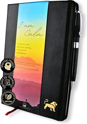 Calm Collective Kit de diario guiado para aliviar la ansiedad por TCC para terapia de salud mental con bolígrafo gratuito incluido, indicaciones de