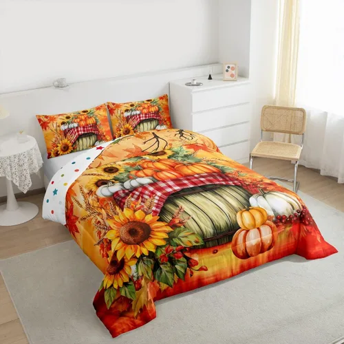 Miniatura 6 de Juego de edredón de cosecha de calabaza de otoño, tamaño individual, juego de ropa de cama de otoño con hojas de arce y girasol, decoración