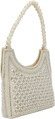 Miniatura 2 de Bolso de mano de perlas de estilo indio, bolso de mano de noche para mujeres y niñas, Blanco sucio