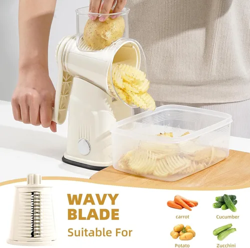 Miniatura 7 de Rallador rotativo de queso con asa, triturador de verduras con 5 cuchillas reemplazables y base de succión fuerte, rebanador redondo de alimentos