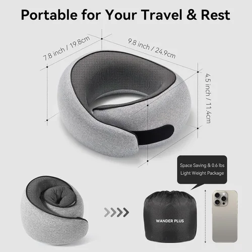 Miniatura 4 de WANDER PLUS® Almohada de viaje, 100% espuma viscoelástica para cuello, almohada de viaje para avión, soporte ergonómico para el cuello, ideal