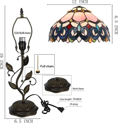 Miniatura 3 de Tiffany Table Lamp, Pink Stained Glass Desk Light, W12H19 Inch, Metal Leaf Base (Pink Baroque Style)