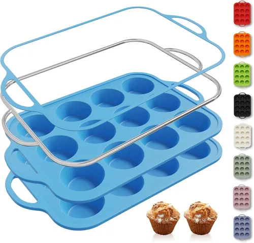 Miniatura 31 de 2 paquetes de 12 tazas de molde para magdalenas de silicona para hornear con marco reforzado de metal, molde para cupcakes de tamaño regular, Crema