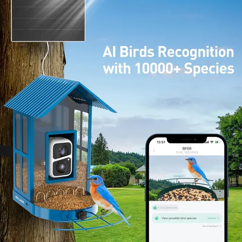 Miniatura 2 de Comedero para pájaros con cámara con IA para identificar especies, observación de aves silvestres, vista en vivo de 2K, alertas de llegada Azul