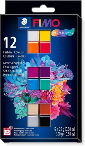 STAEDTLER FIMO - Arcilla polimérica profesional para horno, 12 colores, bloques de 0.88 onzas, arcilla para modelar joyas, esculturas y arte