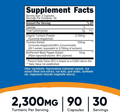 Miniatura 2 de Nutricost Cúrcuma con BioPerine 90 cápsulas para 30 porciones por botella, extracto de cúrcuma hecho con 95% curcuminoides, incluye extracto