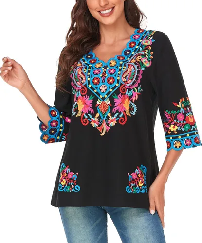 Miniatura 6 de YZXDORWJ Blusa de verano para mujer, estilo bohemio, estilo mexicano, con bordado bohemio