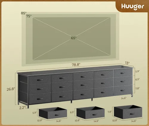 Miniatura 2 de Huuger Cómoda de 78.7 pulgadas de largo para dormitorio, cómoda de tela con 15 cajones para armario, soporte de TV grande para TV de 65, 75, 85